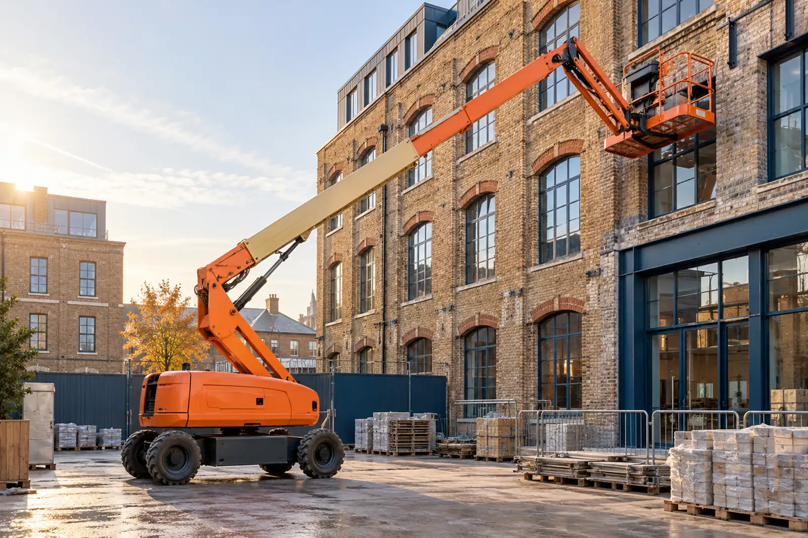 Orange articulated cherry picker raised beside a brick commercial building in London