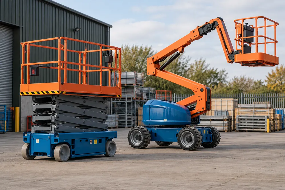 Scissor and boom platforms parked in a commercial equipment yard